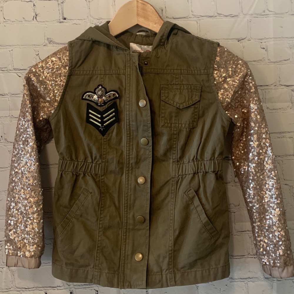 Girls Hooded Army Jacket w/ Sequin Sleeves Sz S